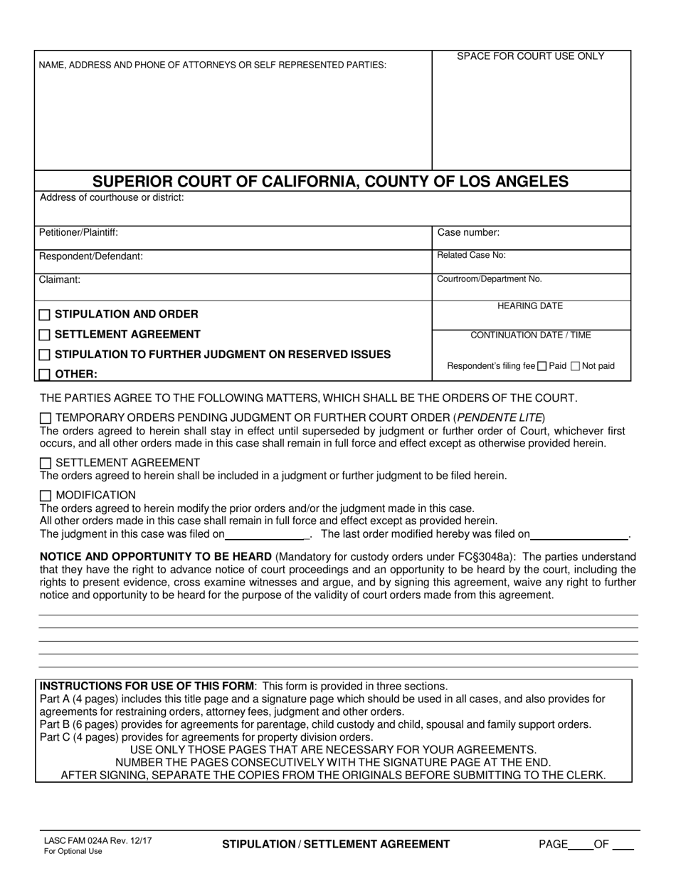 Form LASC FAM024A Stipulation / Settlement Agreement - County of Los Angeles, California, Page 1