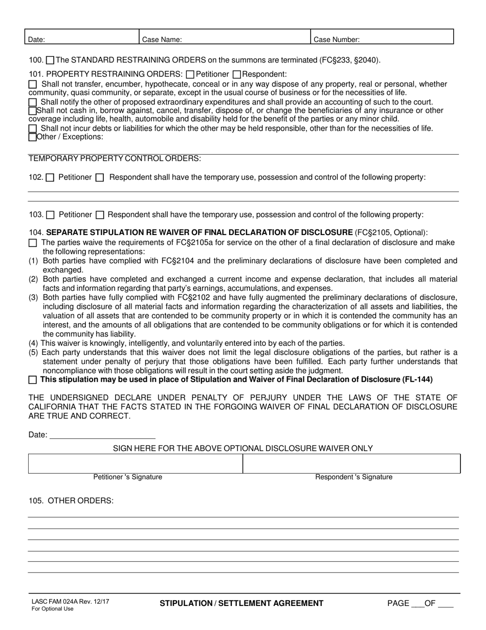 Form LASC FAM024A Stipulation / Settlement Agreement - County of Los Angeles, California, Page 2