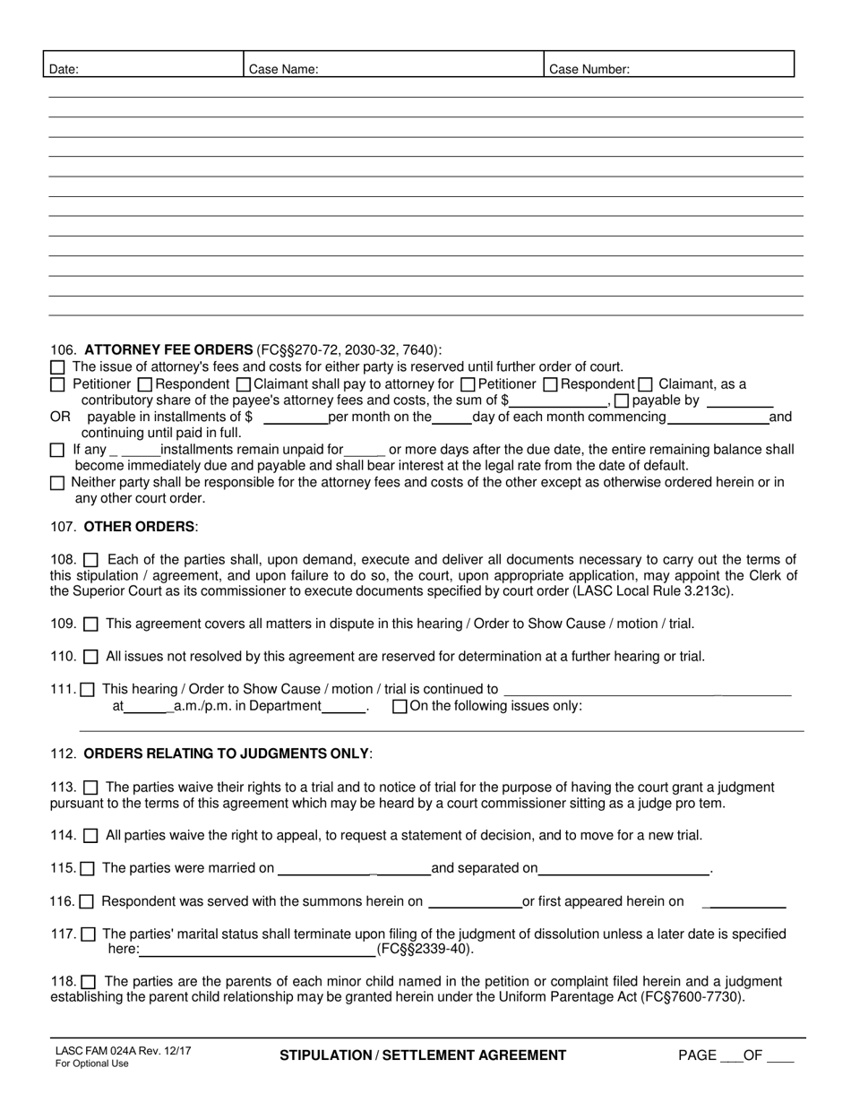 Form LASC FAM024A Stipulation / Settlement Agreement - County of Los Angeles, California, Page 3