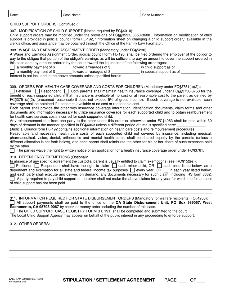 Form LASC FAM024(B) Stipulation / Settlement Agreement - County of Los Angeles, California, Page 5