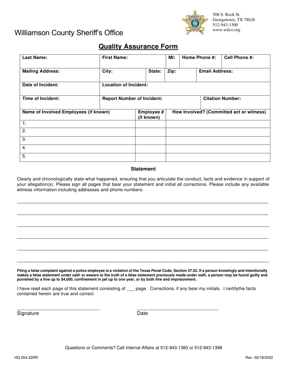 Form HQ.054.22RR Quality Assurance Form - Williamson County, Texas, Page 1