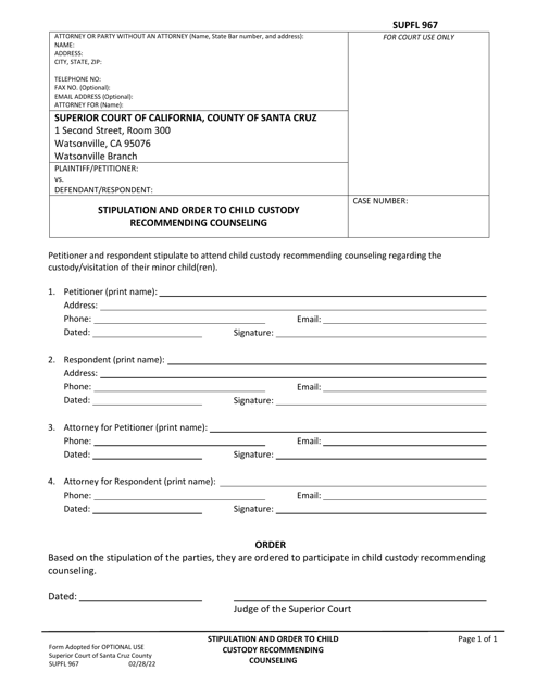Form SUPFL967 Stipulation and Order to Child Custody Recommending Counseling - County of Santa Cruz, California