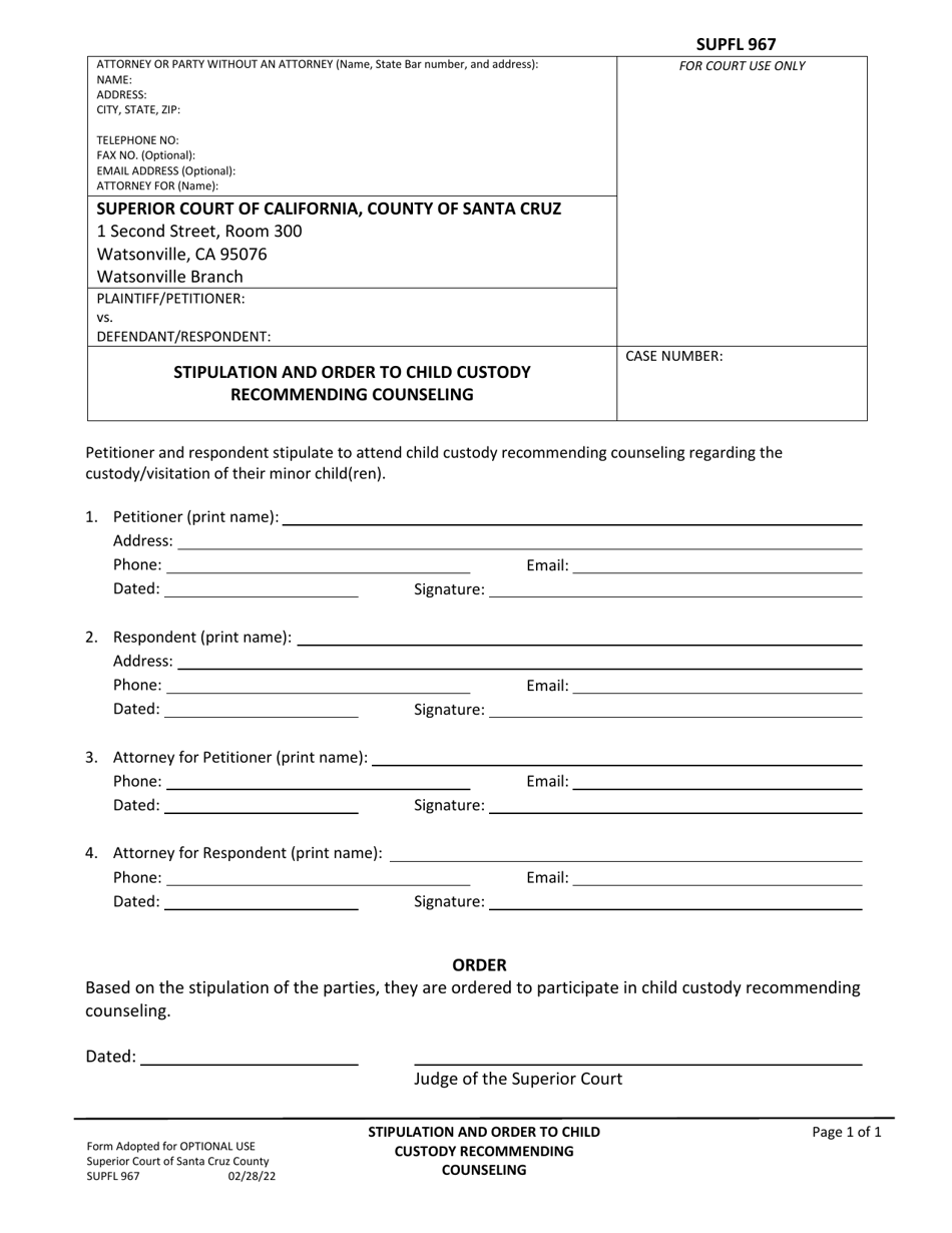 Form SUPFL967 Stipulation and Order to Child Custody Recommending Counseling - County of Santa Cruz, California, Page 1