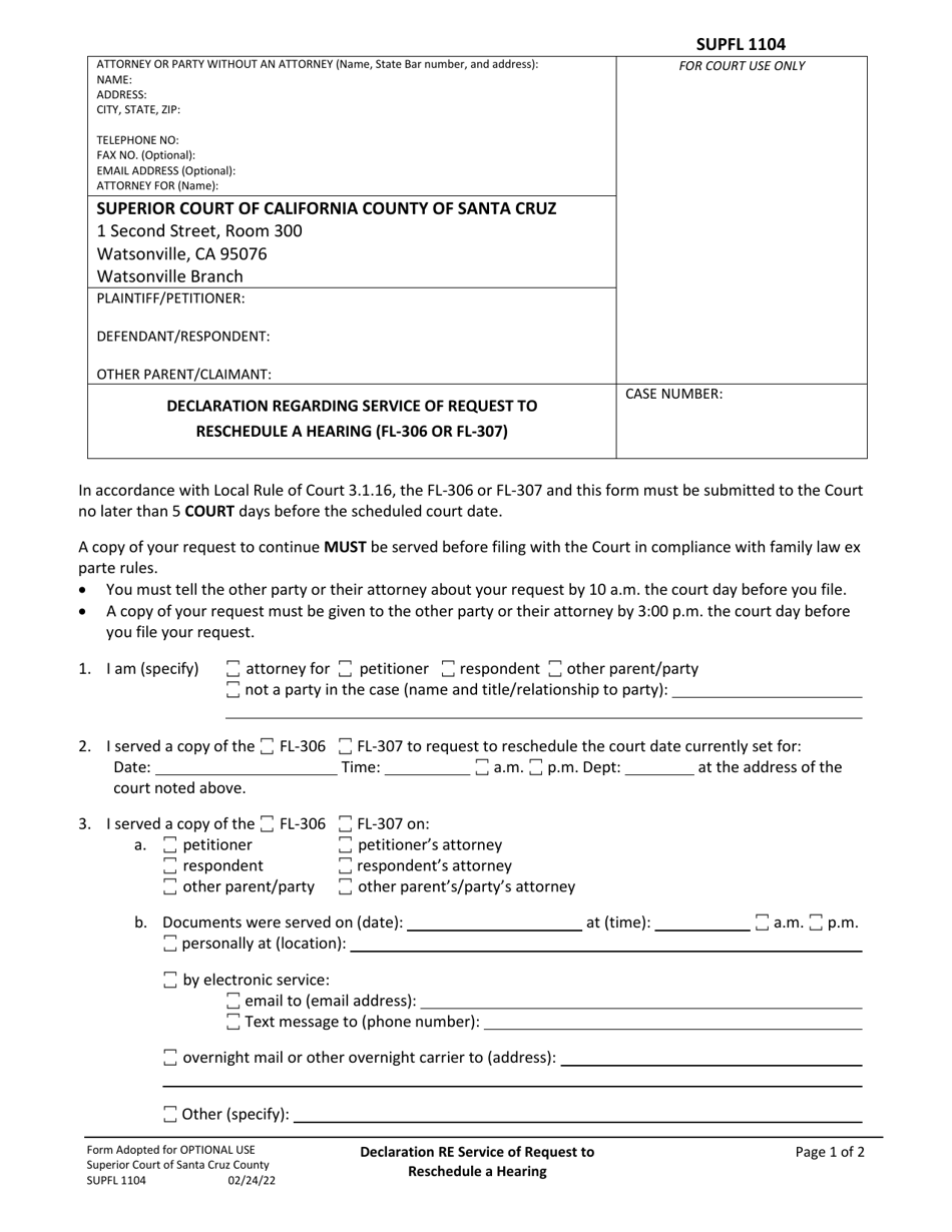 Form SUPFL1104 Declaration Regarding Service of Request to Reschedule a Hearing (Fl-306 or Fl-307) - County of Santa Cruz, California, Page 1