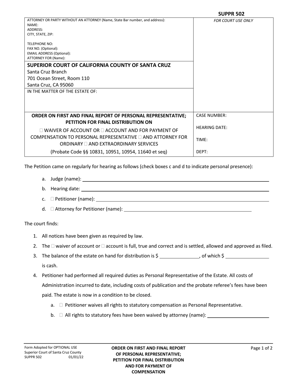 Form SUPPR502 Order on First and Final Report of Personal Representative; Petition for Final Distribution and for Payment of Compensation - County of Santa Cruz, California, Page 1