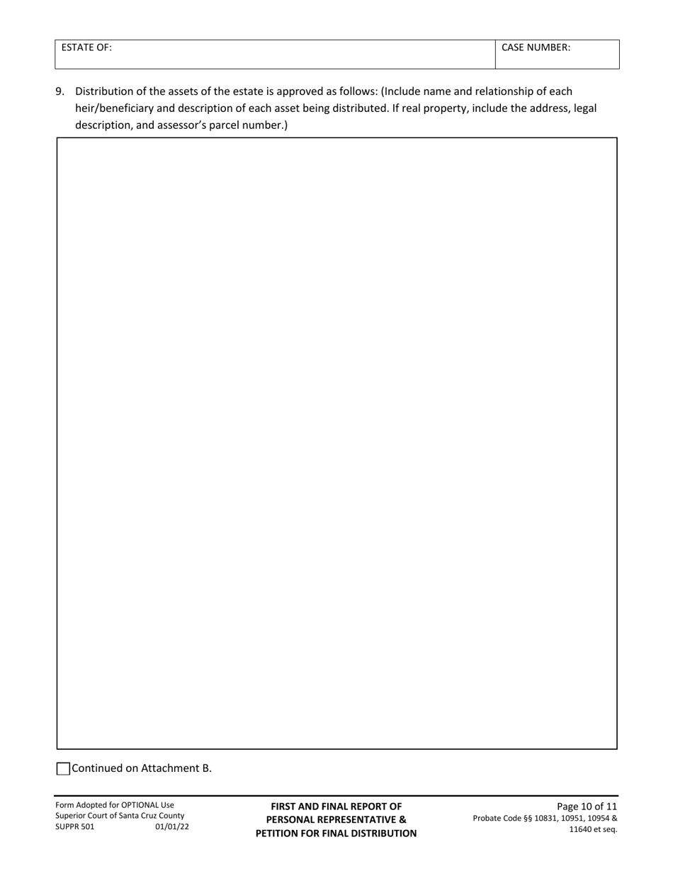 Form SUPPR501 First and Final Report of Personal Representative and Petition for Final Distribution - County of Santa Cruz, California, Page 10