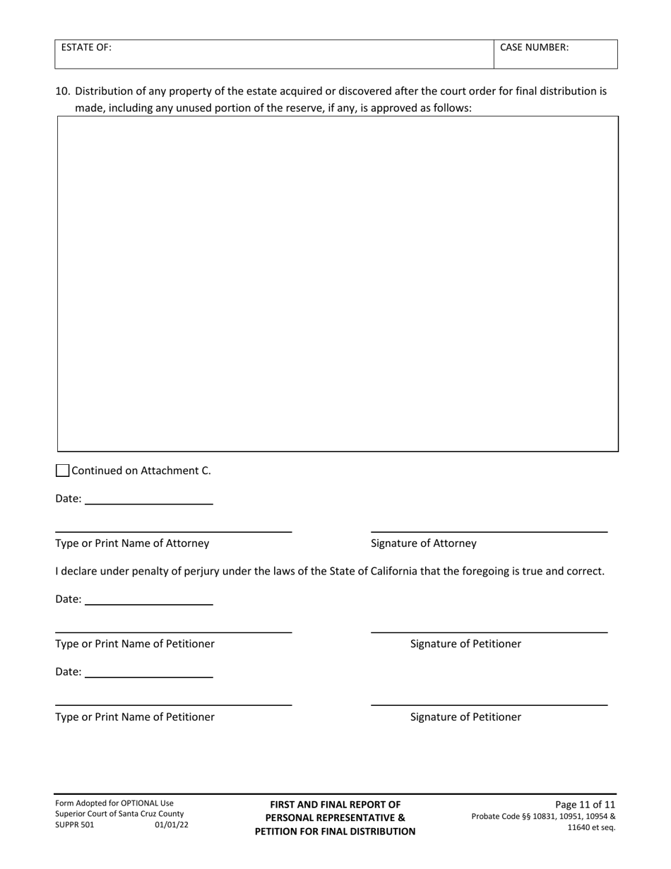 Form SUPPR501 First and Final Report of Personal Representative and Petition for Final Distribution - County of Santa Cruz, California, Page 11