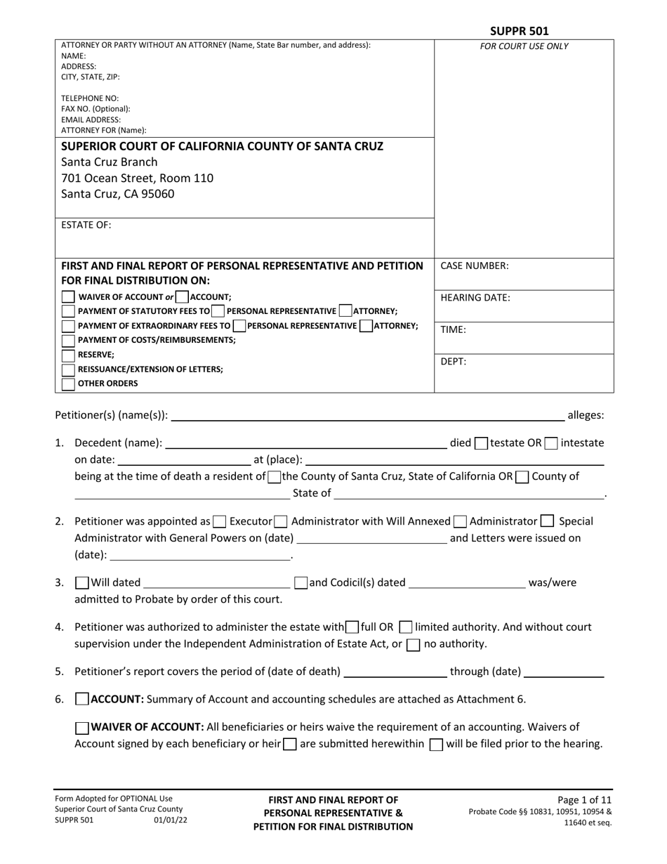 Form SUPPR501 First and Final Report of Personal Representative and Petition for Final Distribution - County of Santa Cruz, California, Page 1