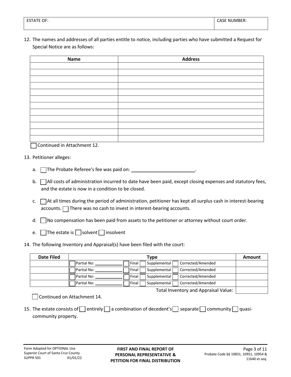 Form SUPPR501 First and Final Report of Personal Representative and Petition for Final Distribution - County of Santa Cruz, California, Page 3