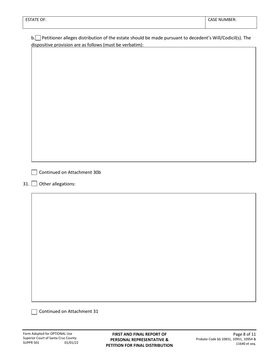 Form SUPPR501 First and Final Report of Personal Representative and Petition for Final Distribution - County of Santa Cruz, California, Page 8