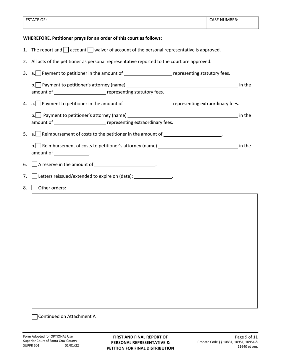 Form SUPPR501 First and Final Report of Personal Representative and Petition for Final Distribution - County of Santa Cruz, California, Page 9