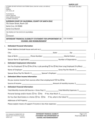 Document preview: Form SUPCR1127 Defendant Financial Eligibility Statement for Appointment of Counsel and Reimbursement - County of Santa Cruz, California