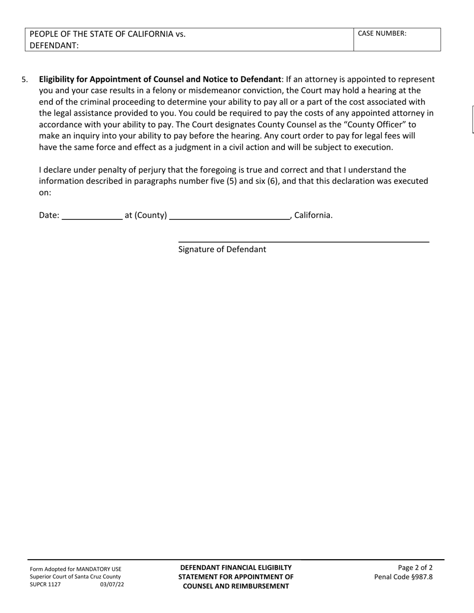 Form SUPCR1127 Defendant Financial Eligibility Statement for Appointment of Counsel and Reimbursement - County of Santa Cruz, California, Page 2