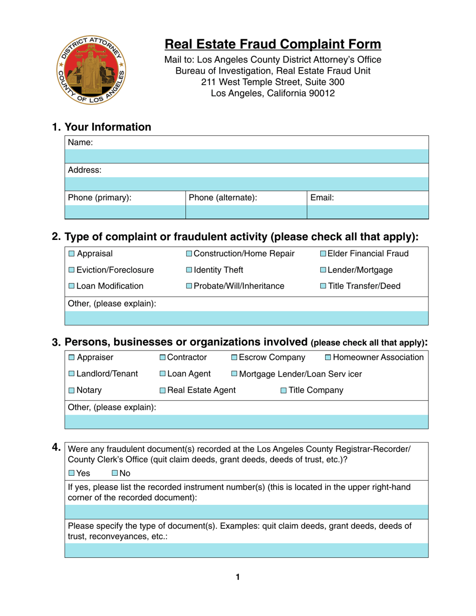 Real Estate Fraud Complaint Form - County of Los Angeles, California, Page 1