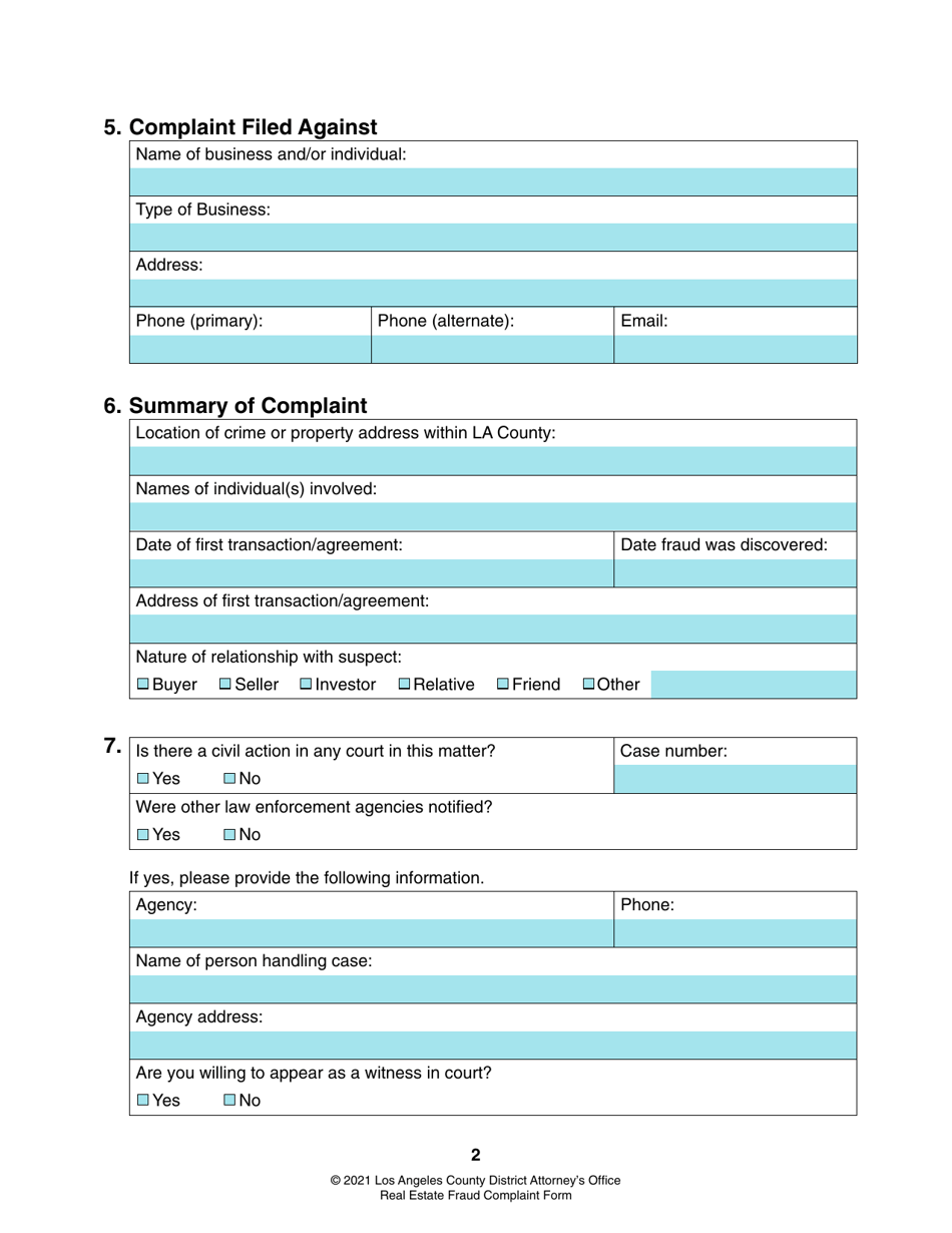 Real Estate Fraud Complaint Form - County of Los Angeles, California, Page 2
