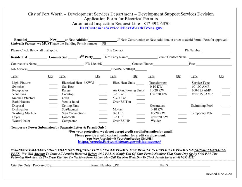 Application Form for Electrical Permits - City of Fort Worth, Texas Download Pdf