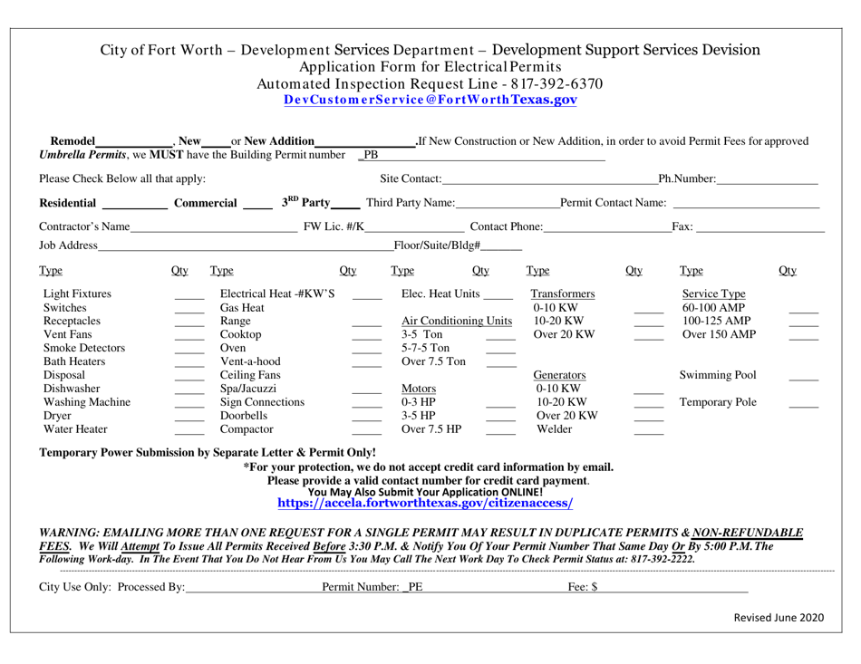Application Form for Electrical Permits - City of Fort Worth, Texas, Page 1