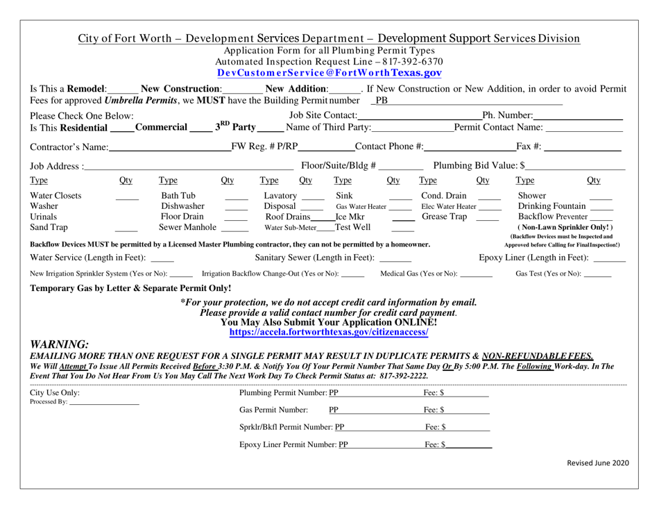 Plumbing Permit Form - City of Fort Worth, Texas, Page 1