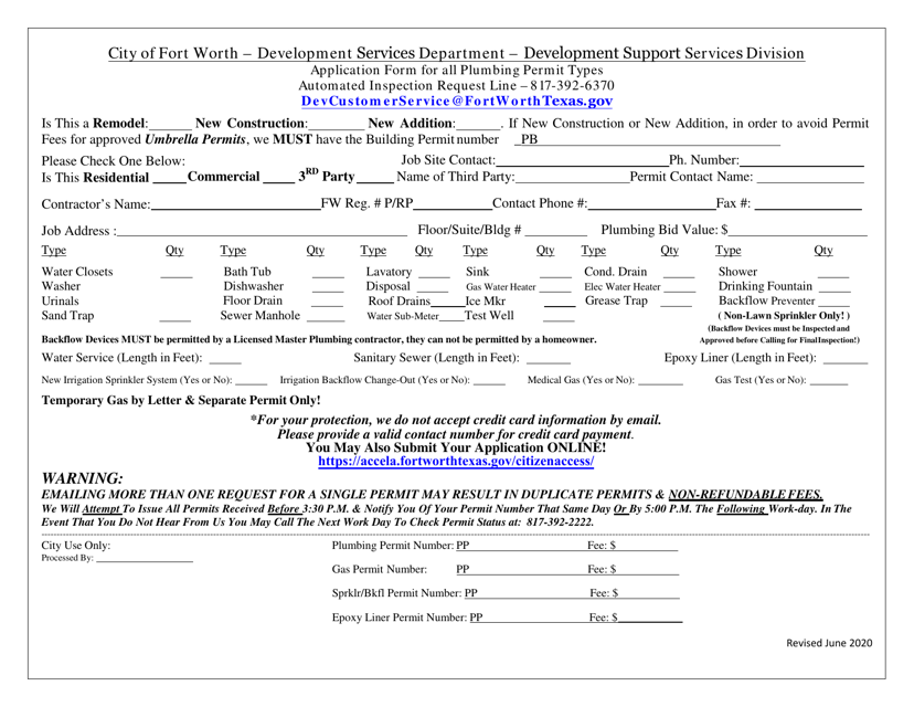 Plumbing Permit Form - City of Fort Worth, Texas