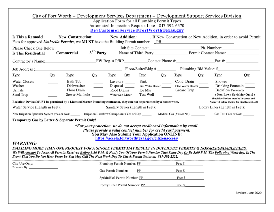 City of Fort Worth, Texas Plumbing Permit Form Fill Out, Sign Online