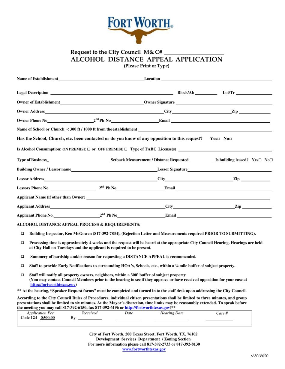 Alcohol Distance Appeal Application - City of Fort Worth, Texas, Page 1