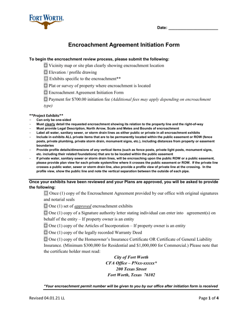 Encroachment Agreement Initiation Form - City of Fort Worth, Texas Download Pdf