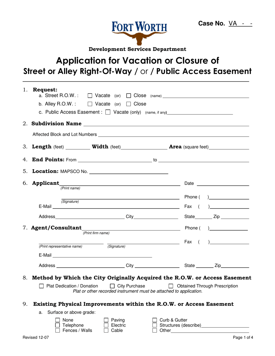 City of Fort Worth, Texas Application for Vacation or Closure of Street