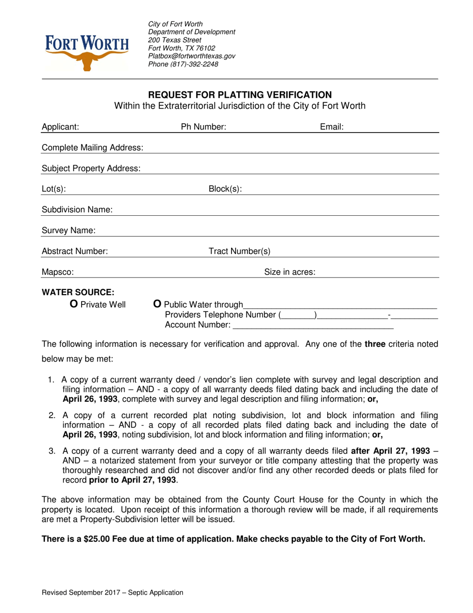 Request for Platting Verification Within the Extraterritorial Jurisdiction of the City of Fort Worth - City of Fort Worth, Texas, Page 1