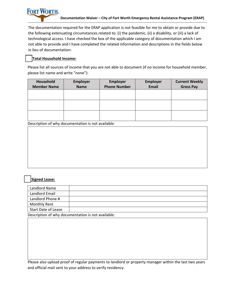 Documentation Waiver - Emergency Rental Assistance Program (Erap) - City of Fort Worth, Texas, Page 1