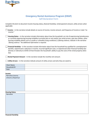 Document preview: Self-declaration Form - Emergency Rental Assistance Program (Erap) - City of Fort Worth, Texas
