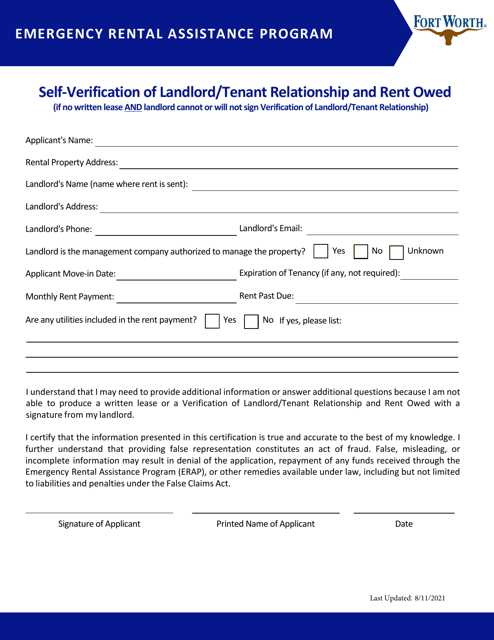 Self-verification of Landlord / Tenant Relationship and Rent Owed - Emergency Rental Assistance Program - City of Fort Worth, Texas Download Pdf