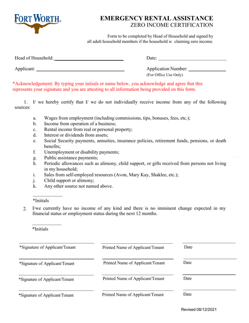 Emergency Rental Assistance Zero Income Certification - City of Fort Worth, Texas Download Pdf