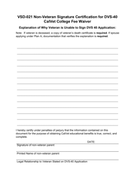 Document preview: Form VSD-021 Non-veteran Signature Certification for Dvs-40 Calvet College Fee Waiver - County of Ventura, California