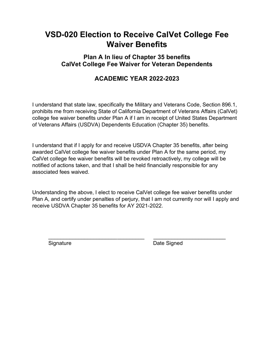 Form VSD-020 Election to Receive Calvet College Fee Waiver Benefits - County of Ventura, California, Page 1