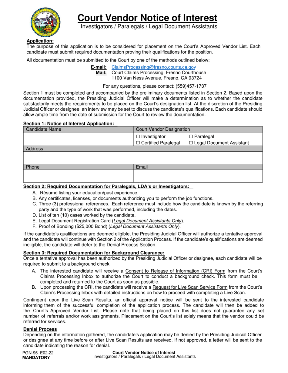 Form PGN-95 Court Vendor Notice of Interest - Investigators / Paralegals / Legal Document Assistants - County of Fresno, California, Page 1