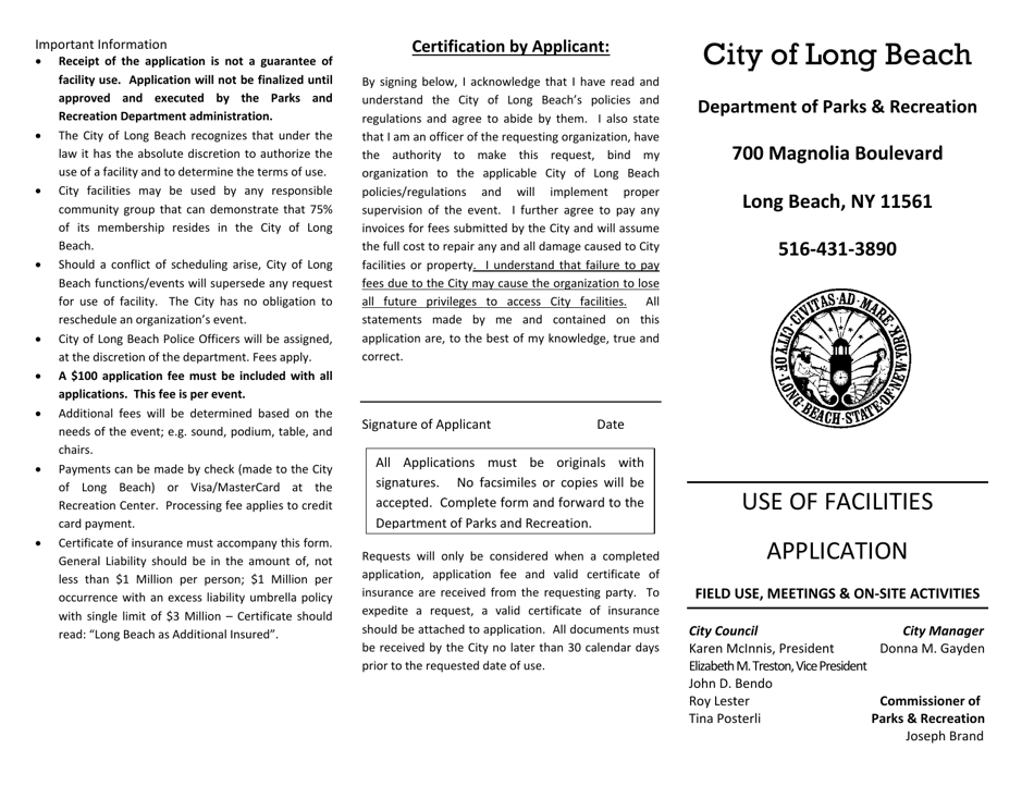 Use of Recreation Facility Form - City of Long Beach, New York, Page 1