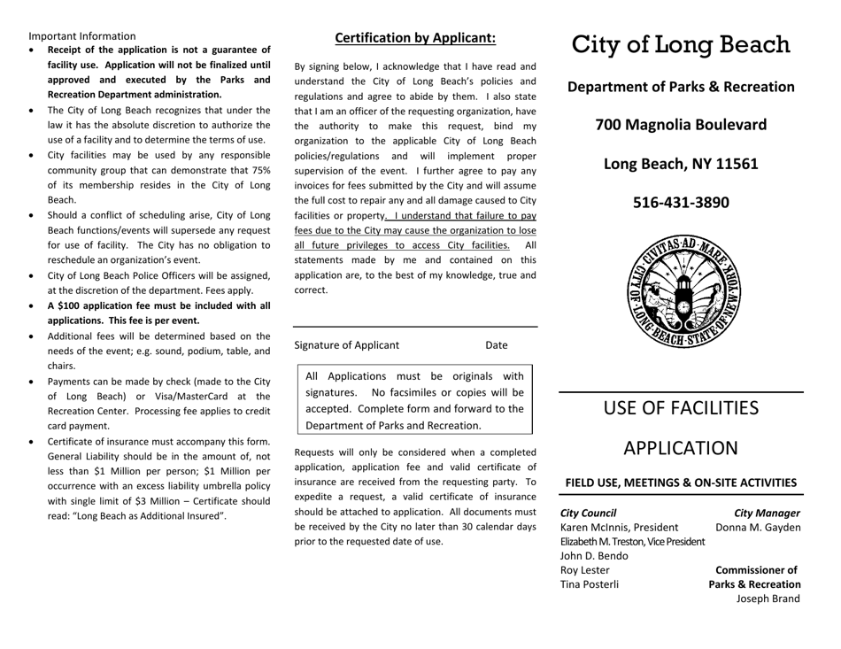 City of Long Beach, New York Use of Recreation Facility Form Fill Out