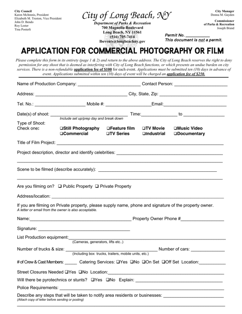 Application for Commercial Photography or Film - City of Long Beach, New York Download Pdf