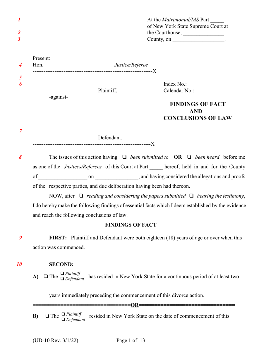 Form UD-10 Findings of Fact and Conclusions of Law - New York, Page 1