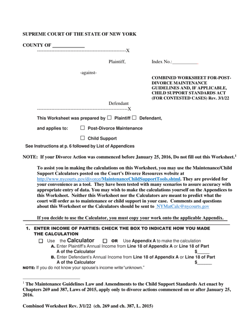 Combined Worksheet for-Postdivorce Maintenance Guidelines and, if Applicable, Child Support Standards Act (For Contested Cases) - New York Download Pdf