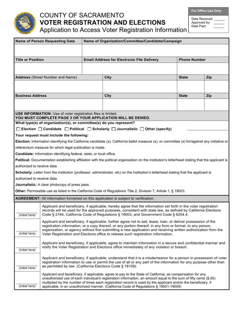 Application to Access Voter Registration Information - County of Sacramento, California Download Pdf