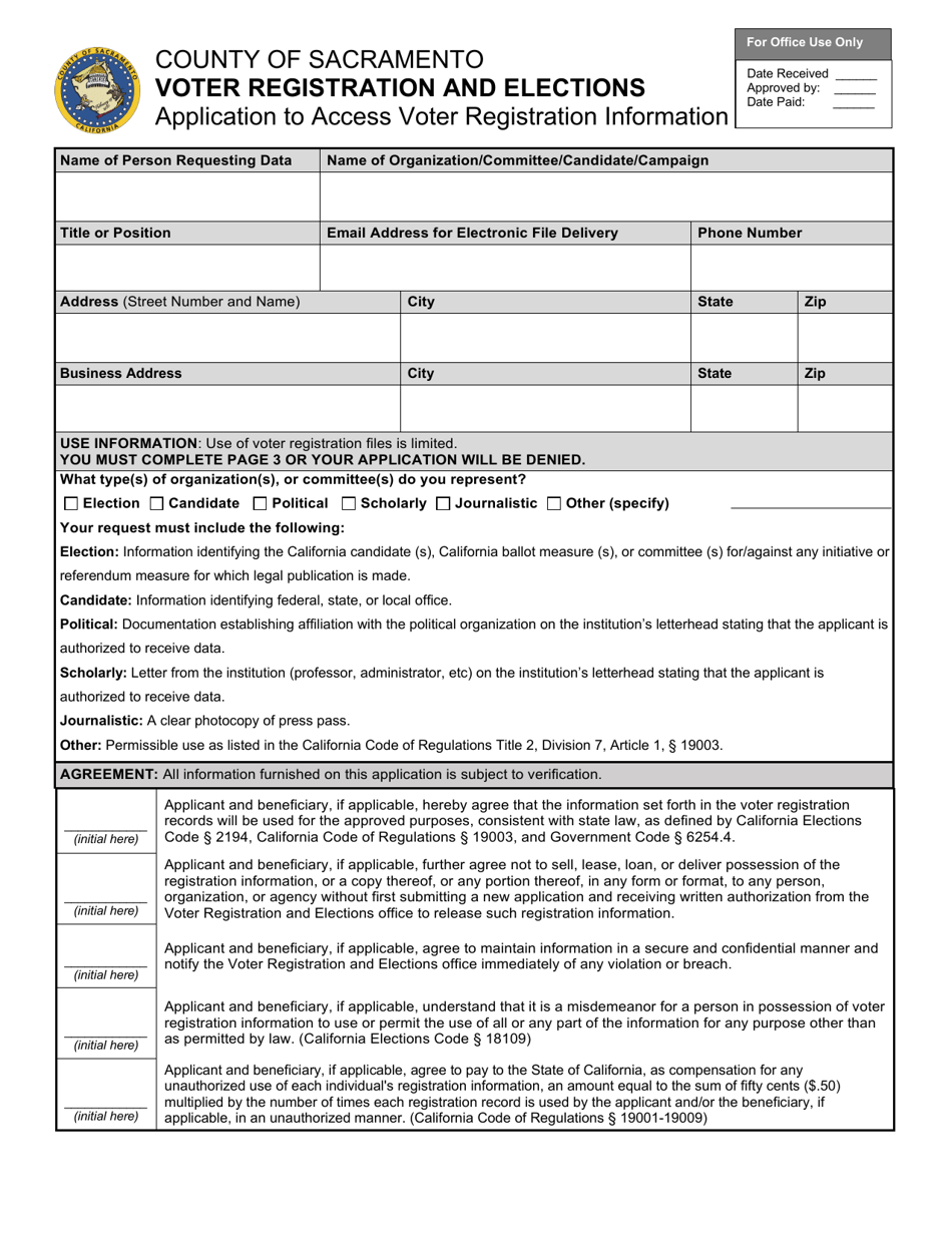 Application to Access Voter Registration Information - County of Sacramento, California, Page 1