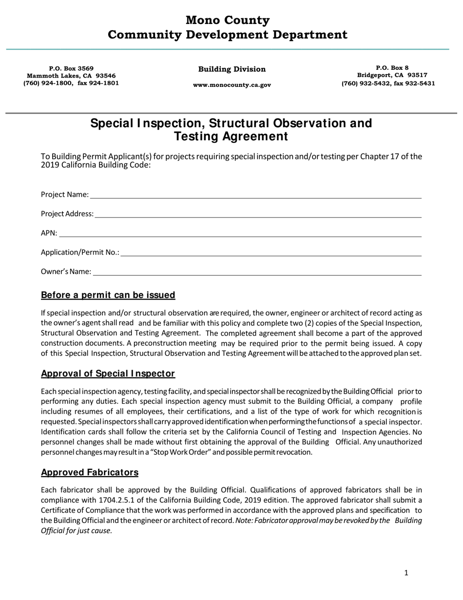 Special Inspection, Structural Observation and Testing Agreement - Mono County, California, Page 1