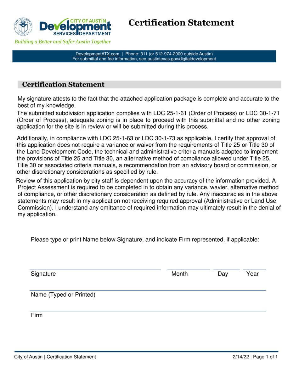 Certification Statement - City of Austin, Texas, Page 1