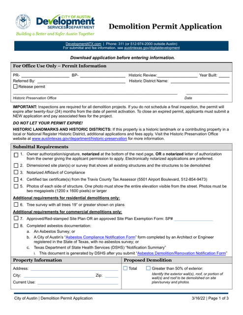 Demolition Permit Application - City of Austin, Texas Download Pdf