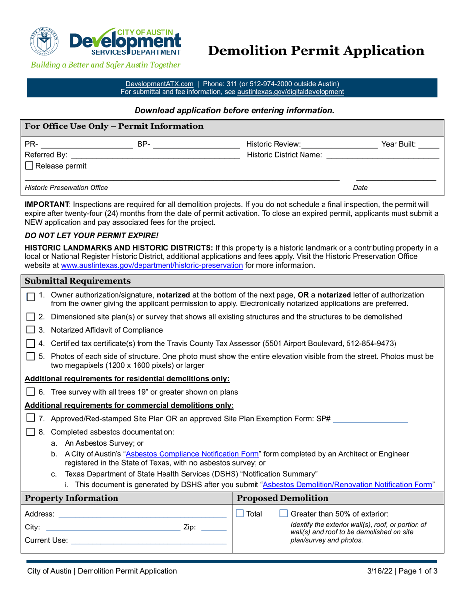 Demolition Permit Application - City of Austin, Texas, Page 1