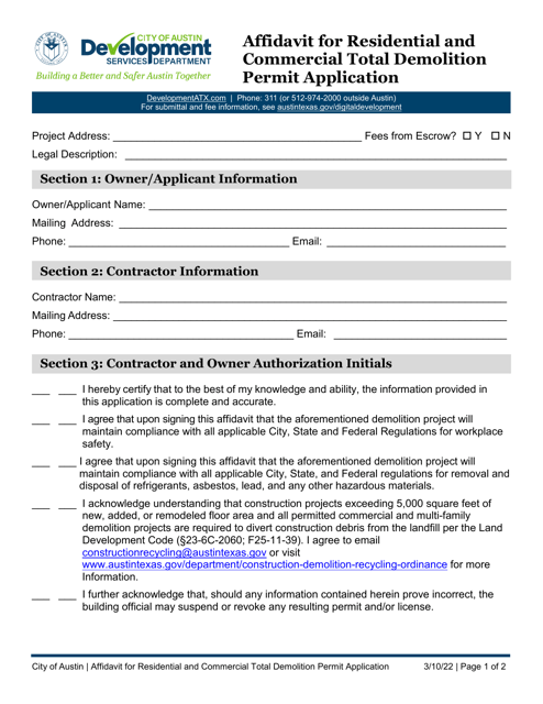 Affidavit for Residential and Commercial Total Demolition Permit Application - City of Austin, Texas Download Pdf