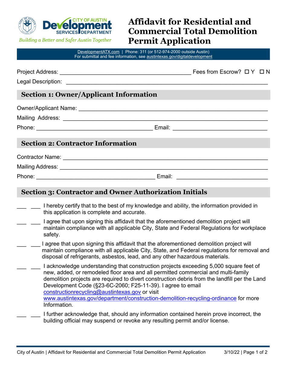 Affidavit for Residential and Commercial Total Demolition Permit Application - City of Austin, Texas, Page 1