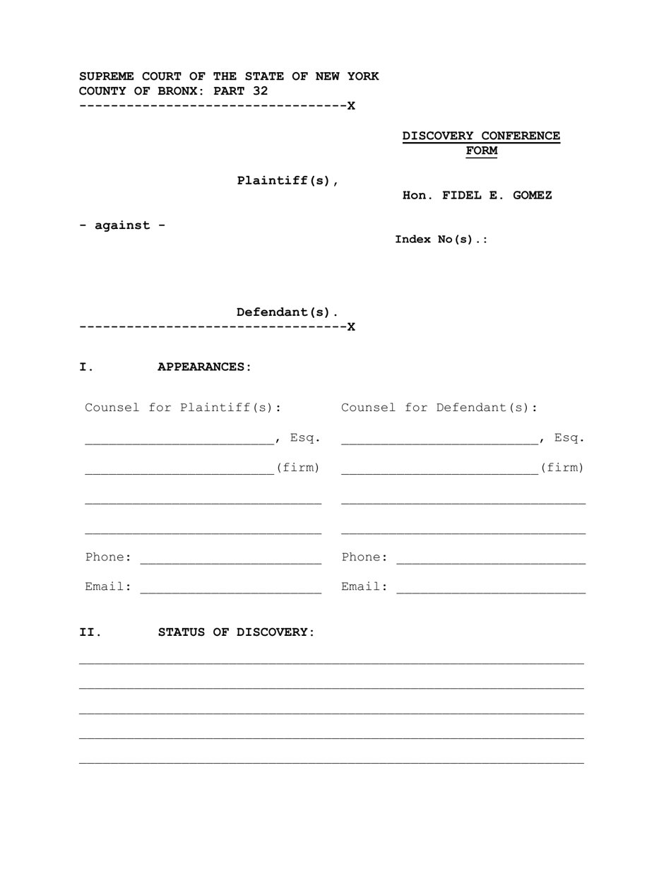 Part 32 Discovery Conference Form - County of Bronx, New York, Page 1