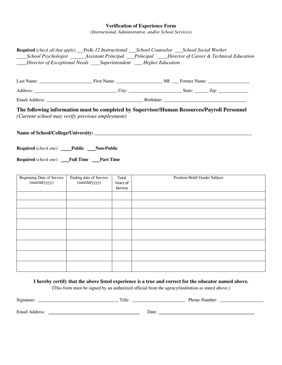 Verification of Experience Form - Indiana, Page 1